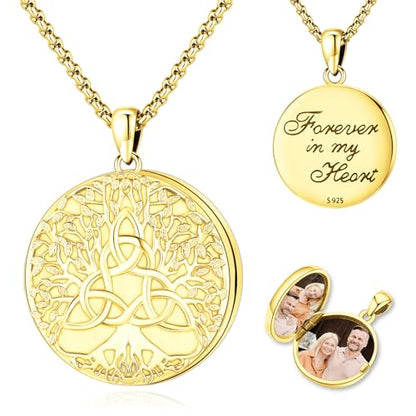 Picture Locket Necklace for Women Men Rose 14K Real Gold 925 Sterling Silver Jewelry Heart Locket Necklace that Holds Pictures Tree of Life Viking Wolf Celtic Knot St Christopher St Michael Pendant - color: I2-8-Celtic Locket-K Gold