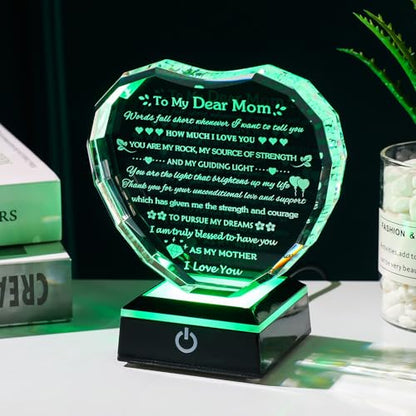 Arikyrist Gifts for Mom with Colorful LED Base Moms Birthday Gifts from Daughter Son to My Mom Gift Crystal Heart Keepsake Best Mother Presents Idea for Christmas Mother's Day Valentine - style: Mom Gifts + Light Base