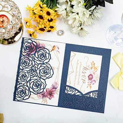 Customized inner page Laser Cut Wedding Invitations Card Pocket with Envelope for Birthday Party Baby or Bride Shower Invite suitable for 5 * 7 Inches Insert Paper (50 PCS Personalized Printed) - color: 50 PCS Personalized Printed