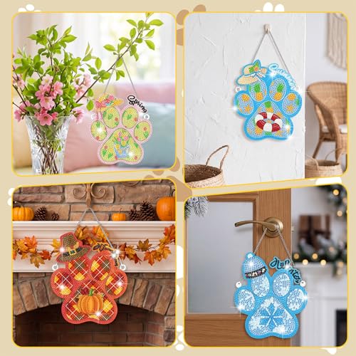 Cinnvoice Seasonal Diamond Art Hanging Kit,12 Pcs,Dog Paws | 12 Pcs,Dog Paws, Holiday Diamond Art Hanging Ornaments, Cute Month Door Sign, Crystal Suncatcher, for Door Window Wall Decor - style: Dog Paws