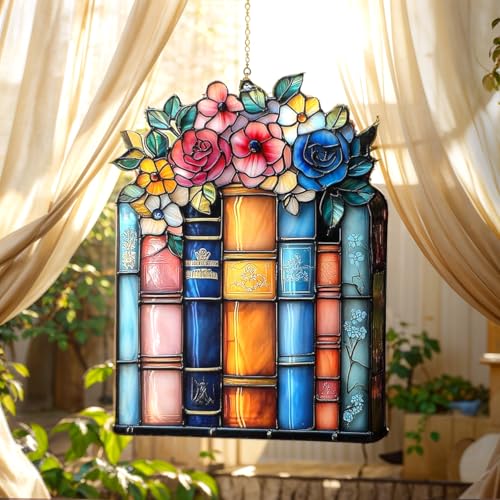 Floral Book Acrylic Suncatcher Size 6 inches, Bookish Stained Glass Effect Window Hanging Ornament, Garden Decor, Gift for Book Lover Reader Bookworm - color: Book-lovers-3, size: 6"