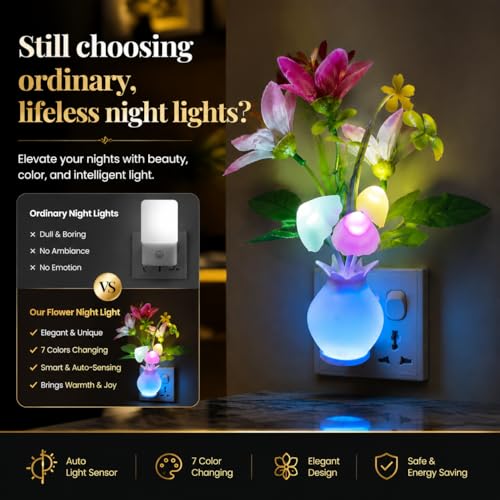 Mushroom Night Light, Decorative Plug into Wall Night Lights with Dusk-to-Dawn Sensor, Cute LED Lights for Bedroom, Ambient Lighting for Hallway, Bathroom, Kitchen