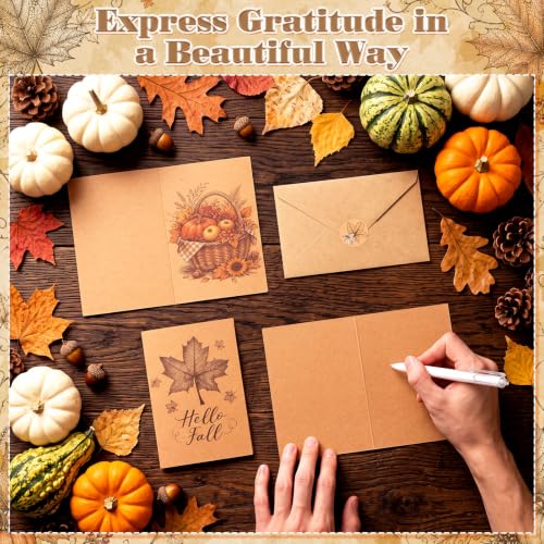 Sabary 100 Pack Fall Cards with Envelopes and Stickers Bulk | Thanksgiving Card, 4x6 Inch, Fall Maple Leaf Pumpkin, Autumn Harvest Greeting Blank Note Card, for Wedding Baby Shower