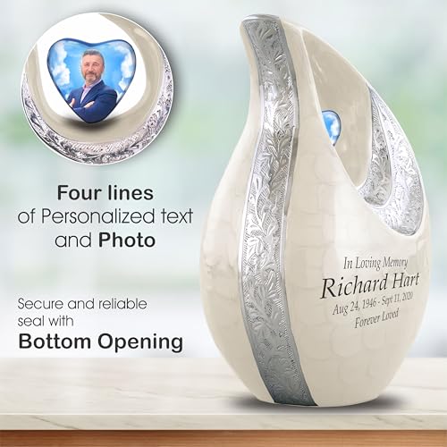 Personalized Photo & Text White Teardrop Cremation Urns for Adult Ashes Male Female - 156 Lbs Burial Urns for Human Ashes - Handcrafted Funeral Decorative Urn for Adult with Velvet Bag - size: 156 Lbs Adult Urn