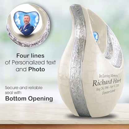 Personalized Photo & Text White Teardrop Cremation Urns for Adult Ashes Male Female - 220 Lbs Burial Urns for Human Ashes - Handcrafted Funeral Decorative Urn for Adult with Velvet Bag - size: 220 Lbs Adult Urn