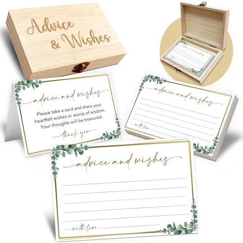 Advice and Wishes Cards Box – 50 Pcs Eucalyptus Well Wishes & Wedding Advice Cards for Bride & Groom, Baby Shower, Birthday, Graduation, Wedding Reception, Retirement -A10 - color: Eucalyptus, size: Set with Wooden Box