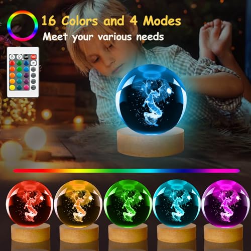 3D Dragon Lamp, Crystal Ball Night Light Dragon Gifts for Women Men Kids | 60mm 16 Colors Table Lamp with Wooden Base and Remote Control, Birthday Gift for Women Men Kids - color: dragon