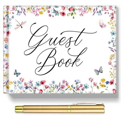 Engrowtic 27 Pcs Wildflower Wedding Guest Book Set Included Gold Pen Table Sign and Adhesive Photo Corner for Birthday Guest Sign Wedding Reception Bridal Shower