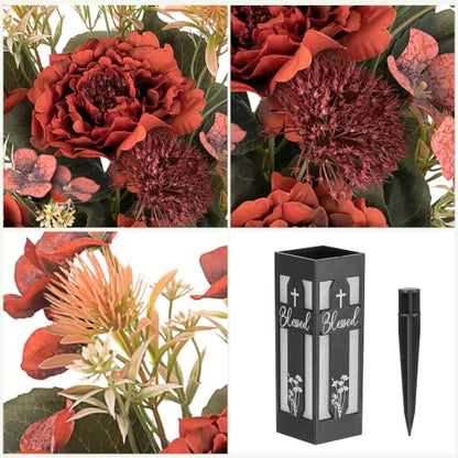 Fall Cemetery Flowers for Grave: with Vases, Burnt Orange, 2 Pcs - color: Burnt Orange