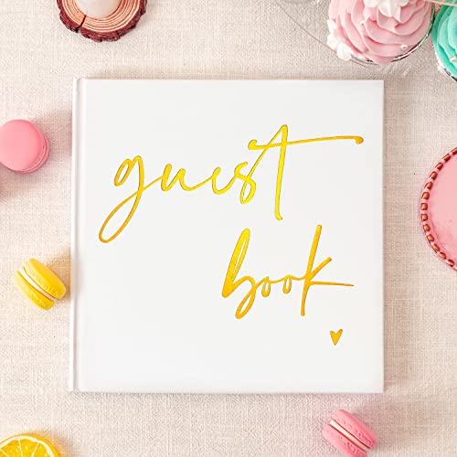 Calculs Wedding Guest Book 8.5" Square for Polaroid Pictures Event Party Guestbook Shower Picture Book Blank Pages Registry, White Cover, Gold Foiled Script - color: White Gold