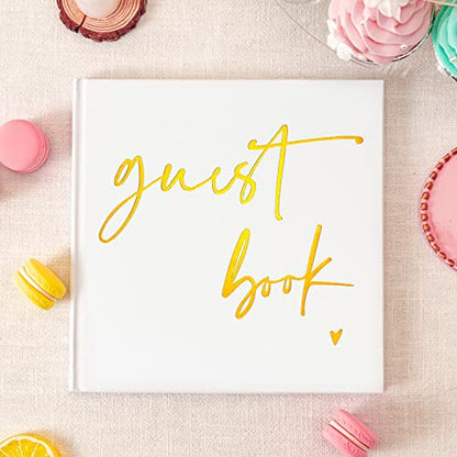 Calculs Wedding Guest Book 8.5" Square for Polaroid Pictures Event Party Guestbook Shower Picture Book Blank Pages Registry, White Cover, Gold Foiled Script - color: White Gold