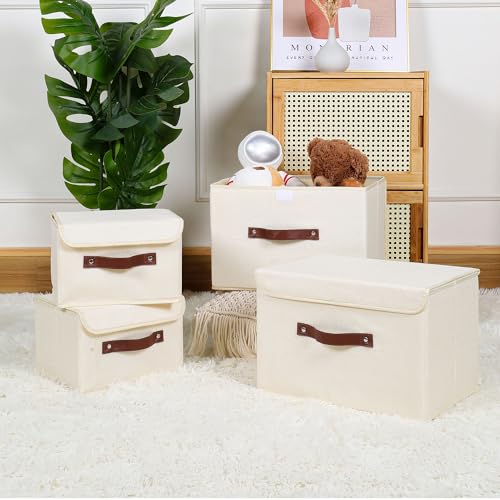ANMINY Fabric Storage Box Bins with Lids, Beige, 10"x8"x7", 2 Pack - color: Beige, size: Small (Pack of 2)