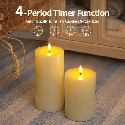 Flameless Real Wax 4" x6" Ivory Timer Remote Pillar Candle Grease Design, Battery Operated Long Lasting 3D Wick LED Flickering Pack of 2 Fake Candles Warm Light