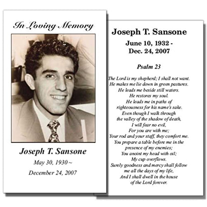 Copy King Funeral Memorial Prayer Cards - Personalized Photo and Prayer - 50 Cards
