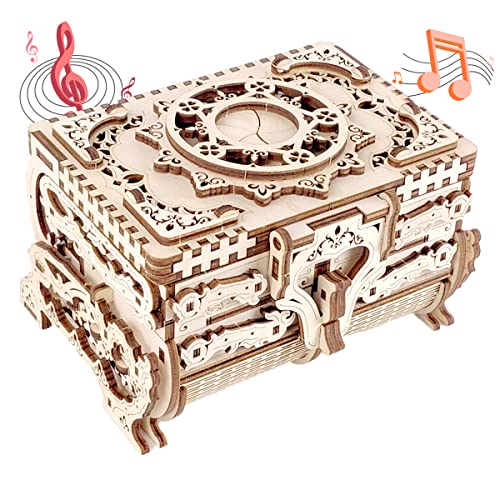 DIY Wooden Music Box Kit 3D Wooden Puzzle for Adults, Mechanical Model Antique Treasure Jewelry Box, Build Your Own Home Decoration Mother's Day Birthday Gift for Women Her