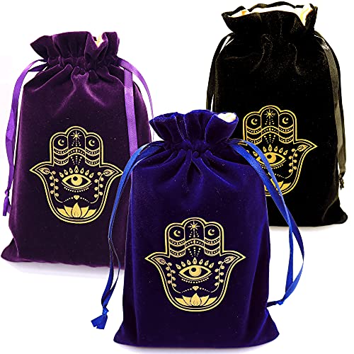 ARTSY CRAFTS 6x9" Hamsa Hand Velvet Jewelry Pouch Gift Bags, Fatima Hand Evil Eye Velvet Drawstring Oracle Tarot Card Rune bags Dice Bag (3Pk Purple+Blue+Black) - color: 3Pk Purple+Blue+Black