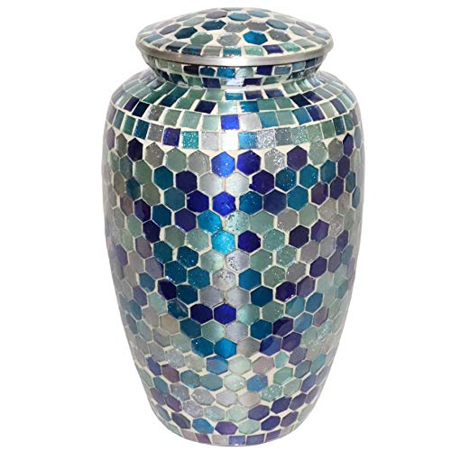 Mosaic Glass Cremation Urn - Hand Made Funeral Urn for Human Ashes - Large Adult Size Burial Urn - Hand Applied Individual Tiles Create a one of a Kind Work of Art - 200 cu in (Silver) - color: Silver