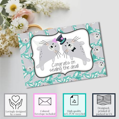 Funny Wedding Card for Newlyweds – Sealing the Deal Silly Seal Themed Greeting for Bride and Groom Wedding Day- Congratulations to the Happy Couple 4X6 inch Card with Silver Envelope Included - style: Seal