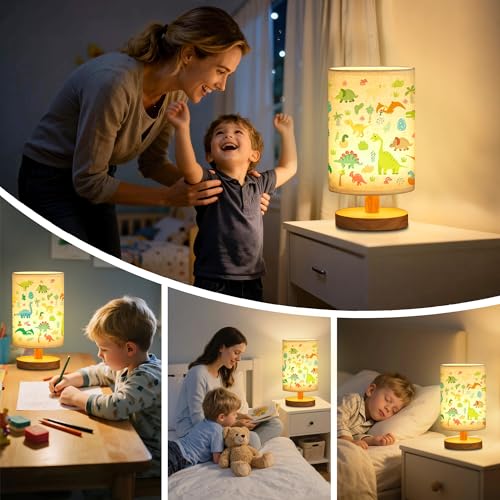 WSYEAR Bedside Table Lamp for Bedroom with Dinosaur Pattern Printed Shade 3-Way Dimmable Small Lamp with Wood Base for Living Room, Desk, Dorm, Home Office - color: Dinosaur Pattern