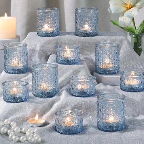 20 Pcs Blue Votive Candle Holders Glass Tea Light Candle Holder Bulk | Tealight Votive Candles Holder in 2 Sizes, Wedding Centerpiece Decor, Bridal Shower, Baby Shower, Birthday Party, Table Decor - color: Blue