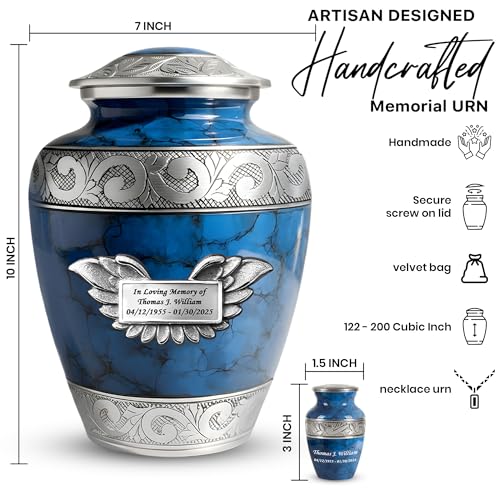 Set of 7 Plaque Custom Engraved Cremation Urns for Human Ashes Includes 1 Large Urn with 4 Small Keepsakes & 1 Silver Necklace - Fire Blue - color: Fire Blue Custom Plaque Urn Set