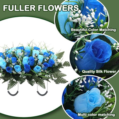 Artificial Cemetery Flower Headstone Flower Saddle Grave Rose Flowers for Cemetery Non-Bleed Colors Windpoof (Blue) - color: Blue