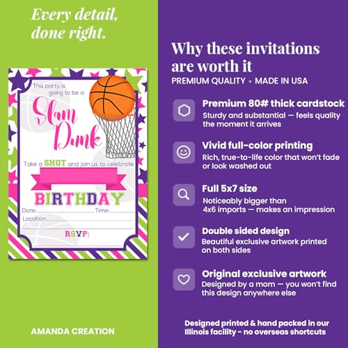 Amanda Creation Basketball Birthday Invitations Girls, 20 Pack 5x7 Basketball Invitations for Birthday Party Girl with White Envelopes, Pink Slam Dunk Theme - style: Slam Dunk Basketball Girl
