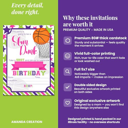 Amanda Creation Basketball Birthday Invitations Girls, 20 Pack 5x7 Basketball Invitations for Birthday Party Girl with White Envelopes, Pink Slam Dunk Theme - style: Slam Dunk Basketball Girl