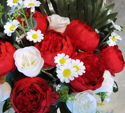 Artificial Flowers for Cemetery with Vase,Cemetery Flowers for Grave Vase,Florist Create Memorial Tombstone Bouquet:Red Peony,White Rose Mix Arrange,Weather Resistant,Easy use - size: 1bouquet with 1vase