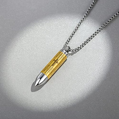 Mens Urn Necklace For Ashes Bullet Shape Cross Cremation Urn Jewelry - color: Silver-Gold