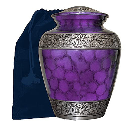 NWA Customized Cremation Urn, Adult Human Funeral Cremation Urn, Beautiful Purple Urn with Matching Keepsake, Personalization, and Velvet Bag