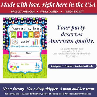 Mad Science Theme Kids Birthday Party 20 Invitations 5x7 Fill-In Cards with Envelopes, Experiment Fun Educational Lab Design for Children Celebration, Made in USA by Amanda Creation - style: Science