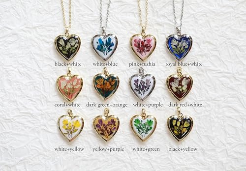 Handmade Dried Pressed Flower Heart Shaped Photo Locket Pendant Necklace - color: Silver, style: Customized pattern with photo