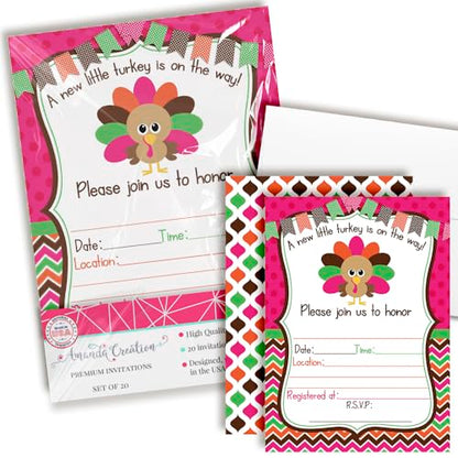 Little Turkey Girl Baby Shower Invitations, 20 5x7 Fill In Cards with Twenty White Envelopes by AmandaCreation Great for Birthdays around Thanksgiving - style: Little Turkey Girl