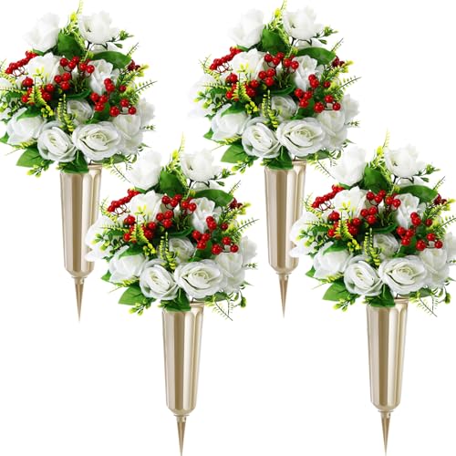 Tigeen 4 Sets Artificial Cemetery Flowers with Vase for Grave,Gold, White - color: Gold, White