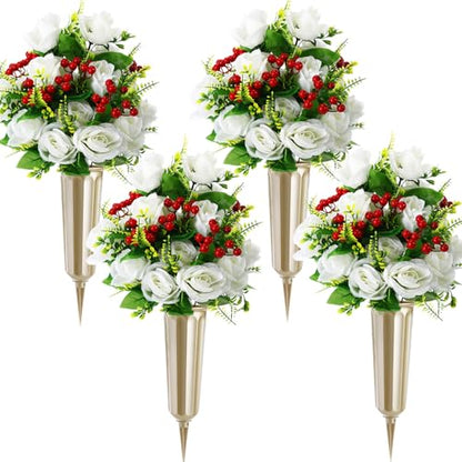 Tigeen 4 Sets Artificial Cemetery Flowers with Vase for Grave,Gold, White - color: Gold, White