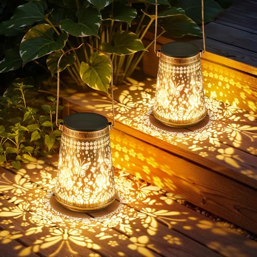 2 Pack Solar Lanterns Outdoor Waterproof, Birthday Gifts for Women Mom | Hollow-Out Metal Butterflies Lantern, 2 Lighting Modes, Outside Hanging Solar Lights for Christmas Decorations, Garden Decor - color: Butterfly, size: 2 Pack