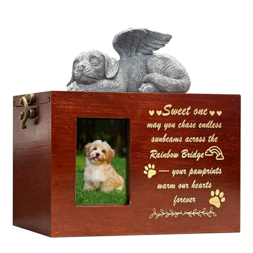 Dog Urn for Ashes Box with Picture Black Funeral Cremation Box Solid Wood Keepsake with Flannel Lining for Loss of Pet Remembrance Gift (Dog Urn-Red Brown-Rainbow-Large) - color: Dog Urn-red Brown-rainbow, size: Large