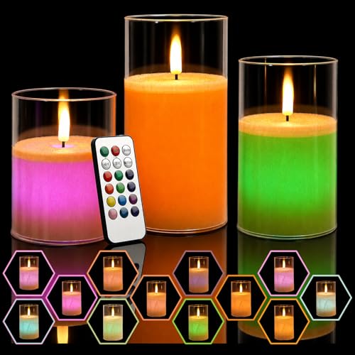 NICEME 3PCS LED Multi Colored Flameless Candles Acrylic Pillar Battery Operated Flickering Flame Color Changing Candles with Remote Control Real Wax Electric Fake Candles Ice Crystal, D3” x H4” 5" 6" - color: Ice Crystal + Clear Acrylic, size: D 3”×H 4”5”