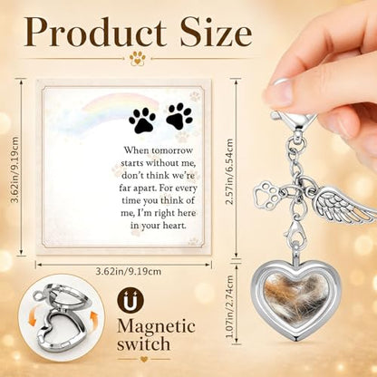 Dog Memorial Gift for Loss of Dog, Pet Hair Keepsake with Angel Wing Charm, Rainbow Bridge Sympathy Gift for Grieving Pet Owners, Heart Memorial Keepsake for Dog and Cat Lovers