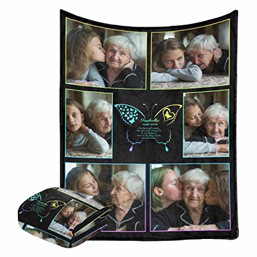 LOSARON Custom Sympathy Blanket with Photo You Will Always in My Memory Rainbow Butterfly Personalized Bereavement Picture Fleece Throw Blanket for Loss of Grandma Mother - color: No.10