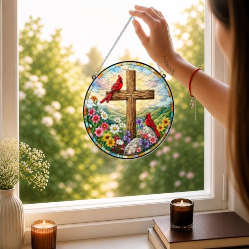 Cardinals with Jesus Cross Memorial Suncatcher, 8" Christian Stained Glass Wavy Acrylic Window Hanging, Sympathy Gift for Loss of Loved One, Mom, Dad, Grandma, Family Member, Religious Gifts for Women - color: Cardinal With Jesus Cross
