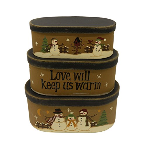 CVHOMEDECO. Oval Rustic Vintage “Love Will Keep Us Warm” Collectibles Cardboard Nesting Boxes, Large 9-3/4 x 5-1/2 x 4 Inch, Set of 3. - color: Love Will Keep Us Warm