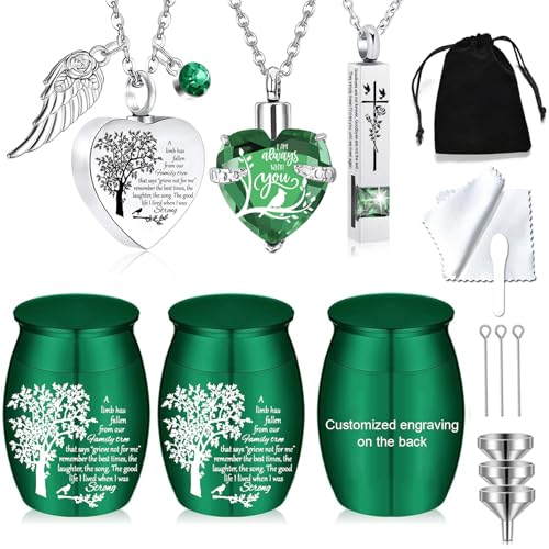 Cremation Urn Necklace for Ashes Set of 6- Small Cremation Urns for Human/Pet Ashes Keepsake Sharing Urns Memorial Ashes Holder-A Limb has Fallen from The Family Tree (6Pcs-Green Customized) - color: 6pcs-green Customized