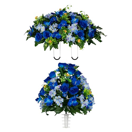 Sympathy Silks Artificial Cemetery Flowers - Gravesite Flowers - Blue Roses and Hydrangeas - (1) Headstone Flower Saddle & (1) Matching Bouquet - size: (1) Saddle (1) Bouquet