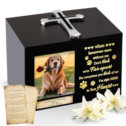 Handmade Pet Urns for Dog or Cat,Wooden Waterproof Memorial Pet Keepsakes Urns,Pet Ashes Box with Photo Frame,Decorative Cross, Honoring Your Beloved Pets,Pet Sympathy Remembrance Gift