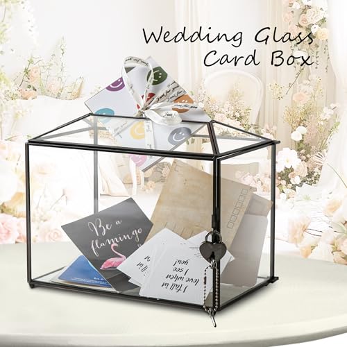 Wedding Glass Card Box with Slot and Lock, 10.2 x 6 x 8 Inch, Small Black Geometric Cards Holder for Birthdays Party Reception, Wishing Well - Slot Length 6.3'' (Glass Box Only) - color: C-Small Black Card Box 10.2''
