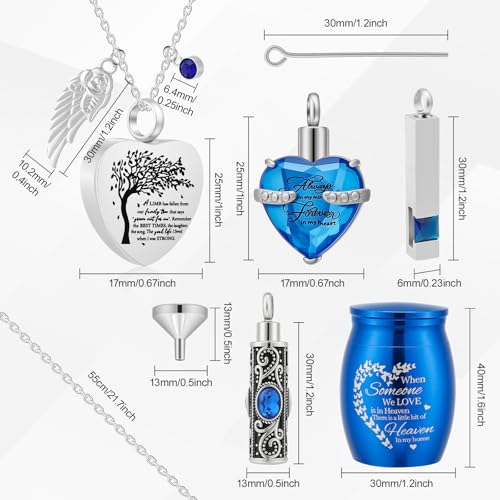 Small Urns & Necklaces for Human Ashes Set of 8, Memorial Keepsake Blue