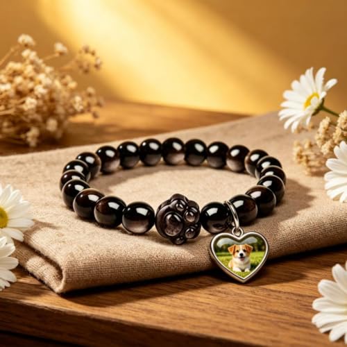 Personalized Pet Memorial Obsidian Bracelet with Photo Charm | Custom Photo Pet Loss Bracelet，Cat Dog Memorial Keepsake Jewelry ，Dog Cat Lovers Pet Loss Remembrance