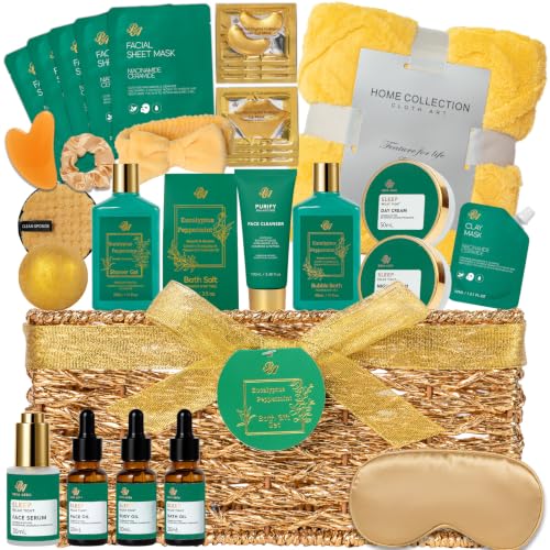 Gifts for Women & Men, 35Pcs Eucalyptus Home Spa Gift Basket, Get Well Soon | Gifts Basket for Women & Men, Bath & Body Gifts Basket for Mom & Dad, Hydrating Face Skin Care Set, Christmas, Anniversary